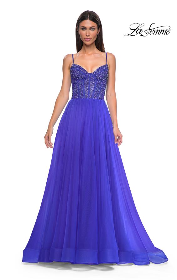 Picture of: Beautiful A-line Prom Dress with Rhinestone Encrusted Corset Top in Royal Blue, Style 32754, Detail Picture 11