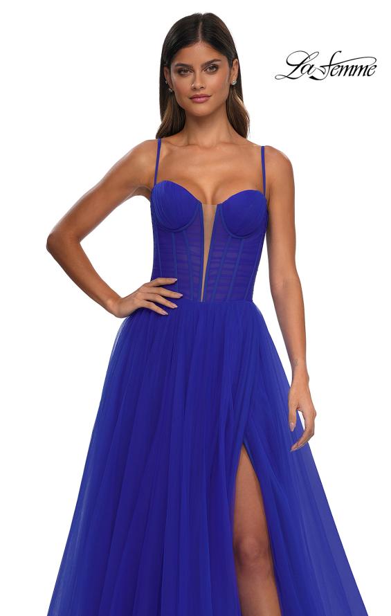 Picture of: Tulle Prom Dress with A-Line Skirt and Ruched Corset Top in Royal Blue, Style: 32700, Detail Picture 12