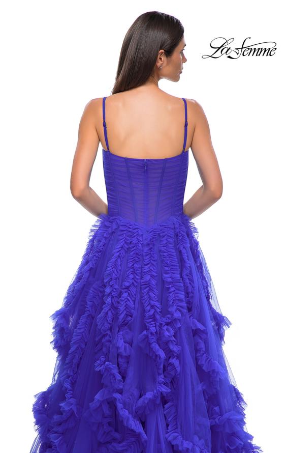 Picture of: Ruffle Tulle Dress with Unique Skirt and Illusion Corset Bodice in Royal Blue, Style 32719, Detail Picture 12