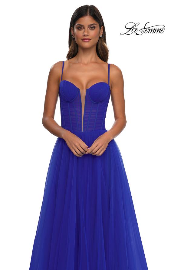 Picture of: Tulle Prom Dress with A-Line Skirt and Ruched Corset Top in Royal Blue, Style: 32700, Detail Picture 14