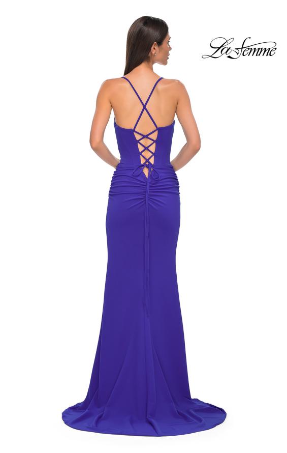 Picture of: Ruched Long Jersey Dress with Draped Rhinestone Neckline in Royal Blue, Style 32802, Detail Picture 15