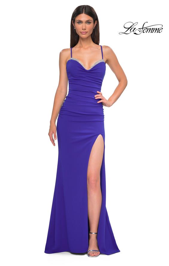 Picture of: Ruched Long Jersey Dress with Draped Rhinestone Neckline in Royal Blue, Style 32802, Detail Picture 16