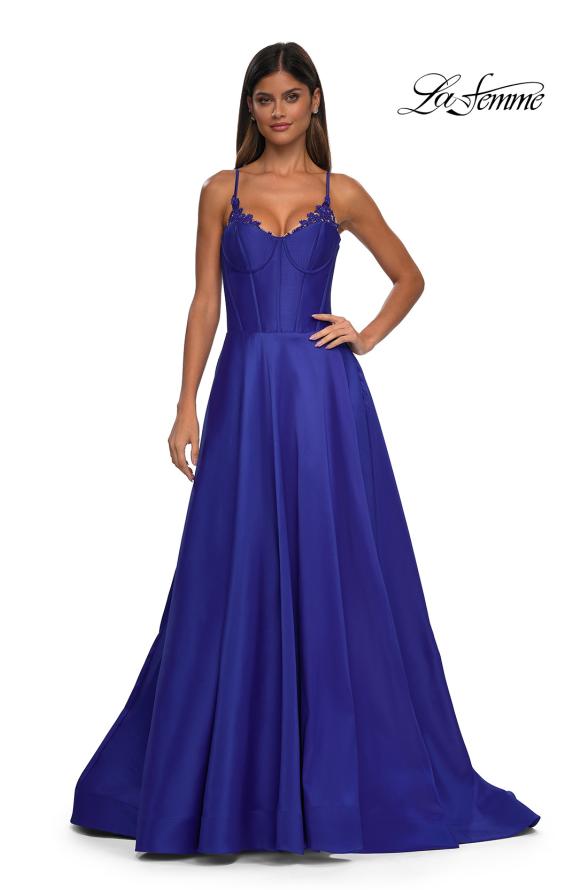 Picture of: Mikado A-line Gown with Lace Detail Neckline in Royal Blue, Style: 32878, Detail Picture 16