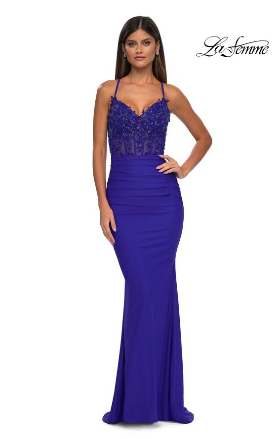 Picture of: Lovely Ruched Jersey Dress with Sequin Lace Beaded Bodice in Royal Blue, Style: 32920, Detail Picture 2