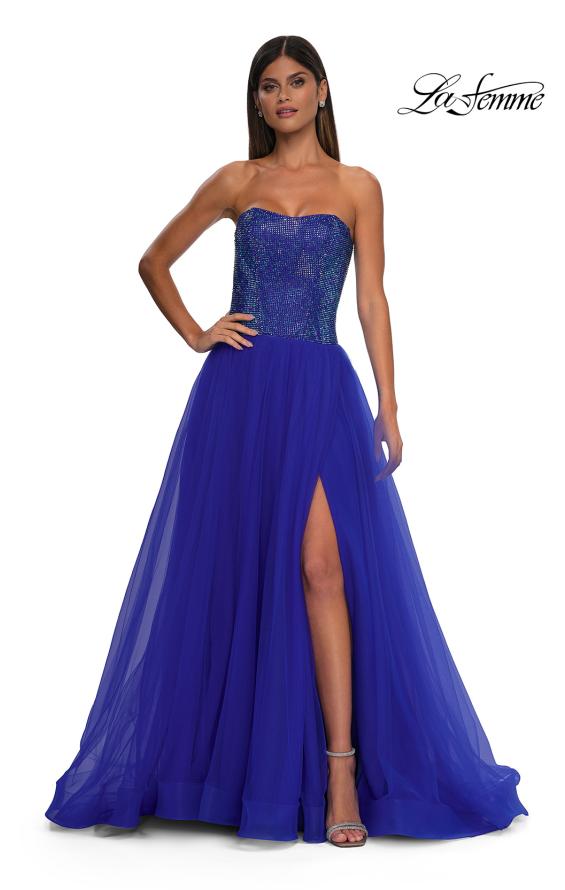 Picture of: Strapless A-line Dress with Full Rhinestone Top in Royal Blue, Style: 32690, Detail Picture 3