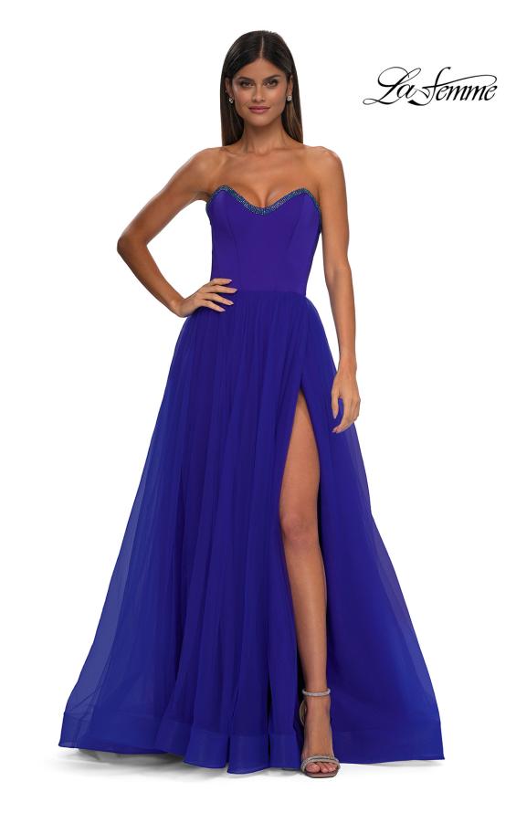 Picture of: A-line Tulle Dress with Satin Top and Rhinestone Neckline in Royal Blue, Style: 32731, Detail Picture 3