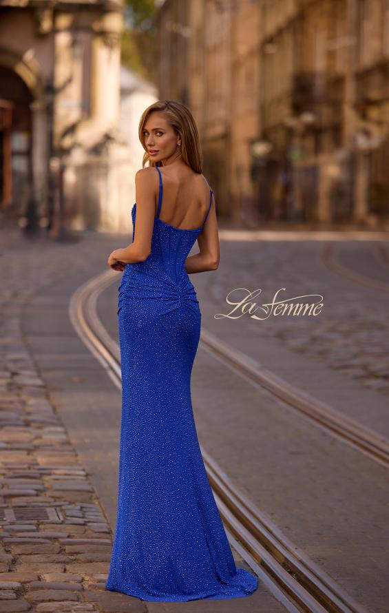 Picture of: Rhinestone Net Jersey Ruched Dress with Corset Top in Royal Blue, Style 32753, Detail Picture 3