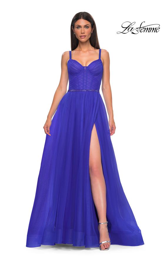 Picture of: A-line Prom Dress with Tulle Skirt and Rhinestone Belt in Royal Blue, Style 32656, Detail Picture 4