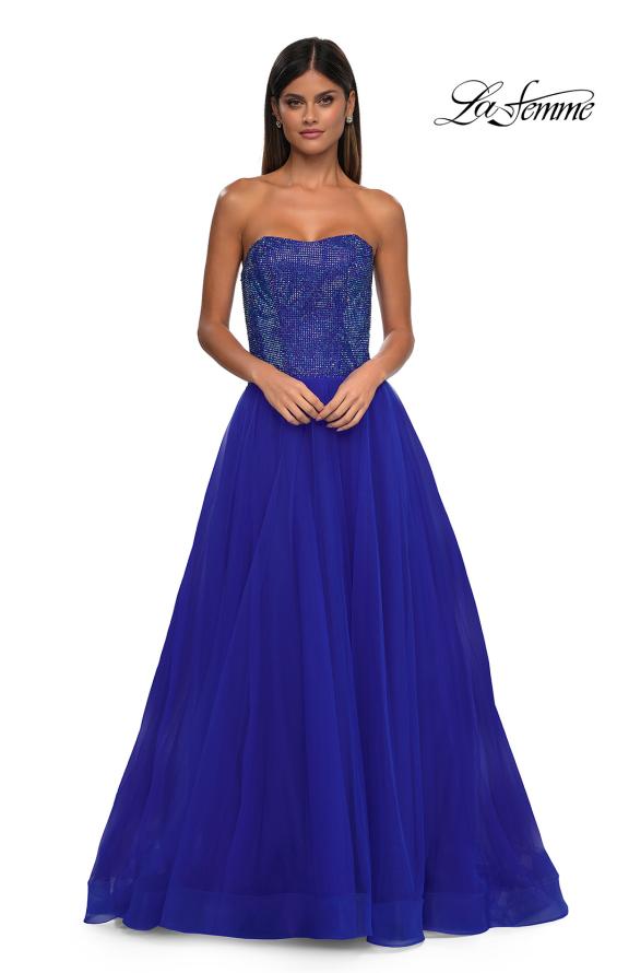 Picture of: Strapless A-line Dress with Full Rhinestone Top in Royal Blue, Style: 32690, Detail Picture 5