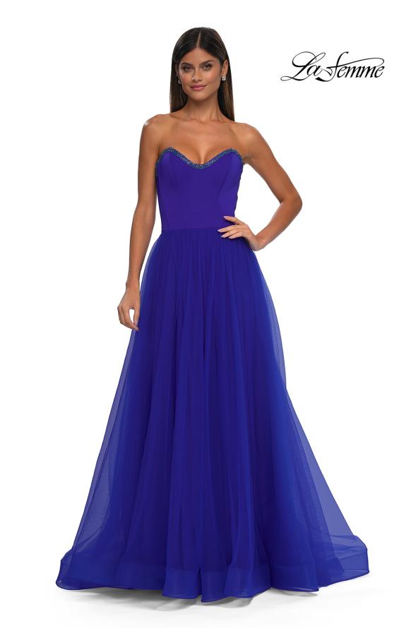 Picture of: A-line Tulle Dress with Satin Top and Rhinestone Neckline in Royal Blue, Style: 32731, Detail Picture 5