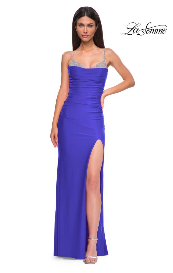 Picture of: Ruched Long Prom Dress with Rhinestone Bra Style Top in Royal Blue, Style 32939, Detail Picture 5