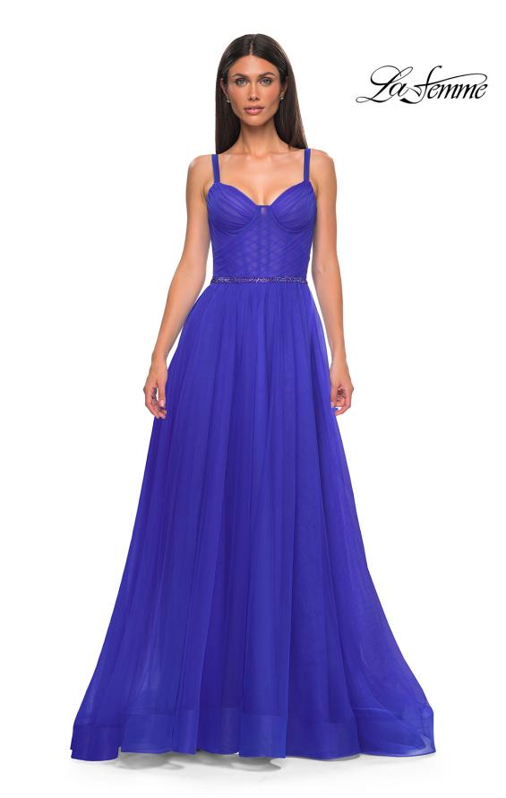 Picture of: A-line Prom Dress with Tulle Skirt and Rhinestone Belt in Royal Blue, Style 32656, Detail Picture 6