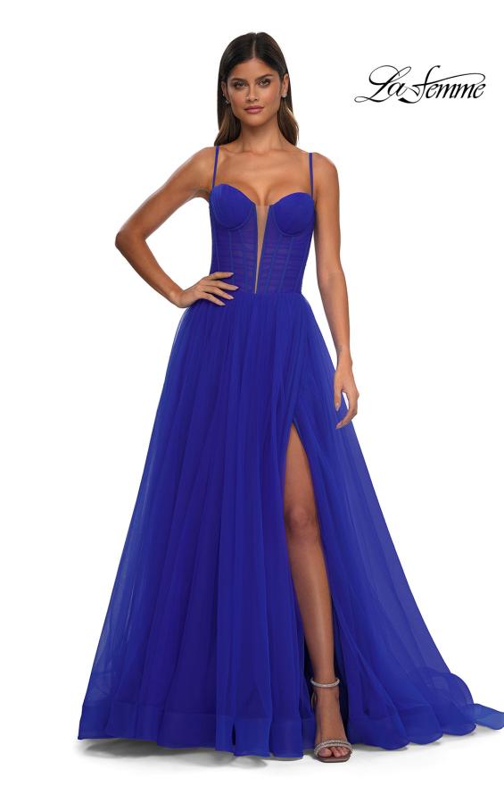 Picture of: Tulle Prom Dress with A-Line Skirt and Ruched Corset Top in Royal Blue, Style: 32700, Detail Picture 6