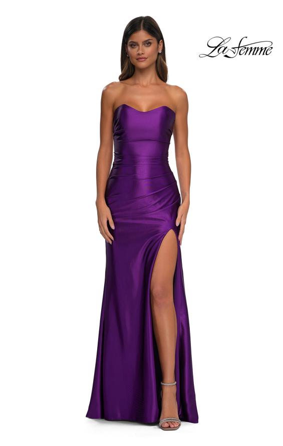 Picture of: Strapless Stretch Satin Dress with Sheer Corset Back in Royal Purple, Style: 32649, Detail Picture 8