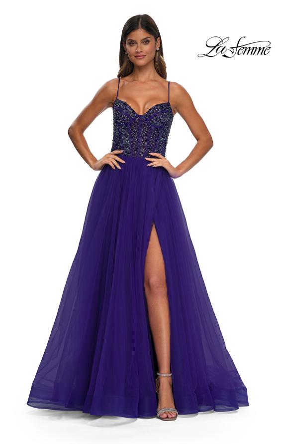 Picture of: Beautiful A-line Prom Dress with Rhinestone Encrusted Corset Top in Royal Purple, Style: 32754, Detail Picture 12