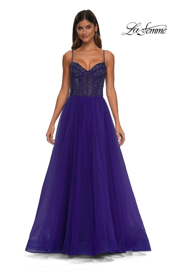 Picture of: Beautiful A-line Prom Dress with Rhinestone Encrusted Corset Top in Royal Purple, Style: 32754, Detail Picture 14