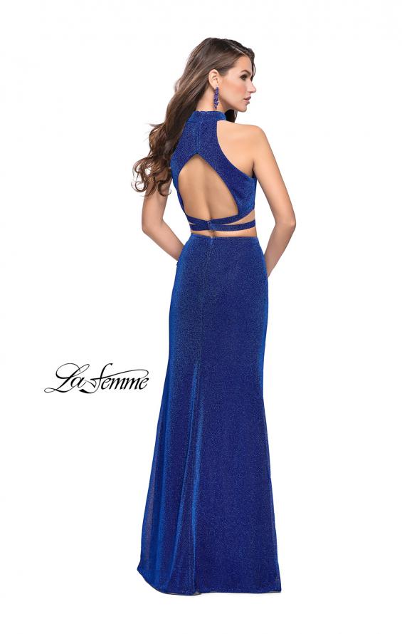 Picture of: Two Piece Jersey Prom Dress with Open Back and Leg Slit in Sapphire Blue, Style: 25604, Back Picture