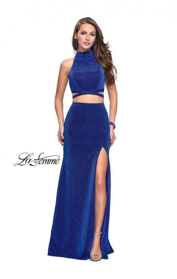 Picture of: Two Piece Jersey Prom Dress with Open Back and Leg Slit in Sapphire Blue, Style: 25604, Detail Picture 2