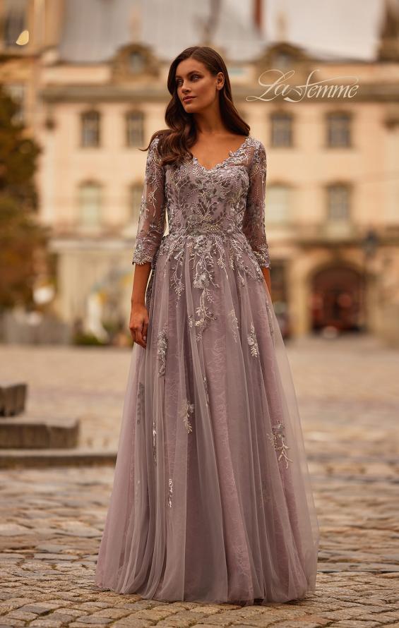 Picture of: Two Tone Lace Applique Tulle A-line Gown with Illusion Sleeves in Silver Mauve, Style: 31717, Main Picture