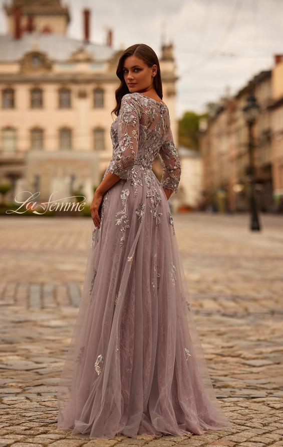 Picture of: Two Tone Lace Applique Tulle A-line Gown with Illusion Sleeves in Silver Mauve, Style: 31717, Back Picture