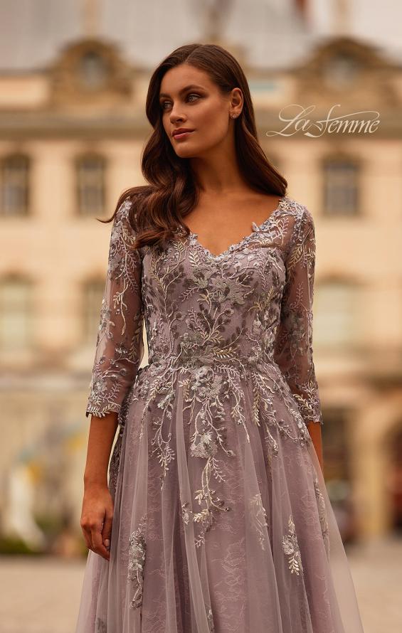 Picture of: Two Tone Lace Applique Tulle A-line Gown with Illusion Sleeves in Silver Mauve, Style: 31717, Detail Picture 1