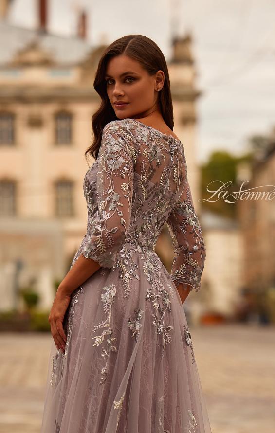 Picture of: Two Tone Lace Applique Tulle A-line Gown with Illusion Sleeves in Silver Mauve, Style: 31717, Detail Picture 2