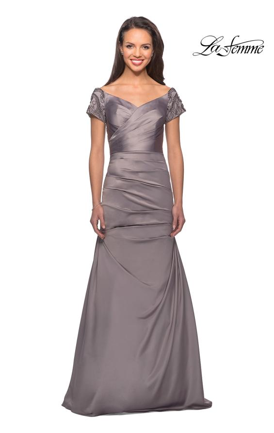 Picture of: Satin Off the Shoulder Dress with Beaded Sleeves, Style: 25996, Detail Picture 5