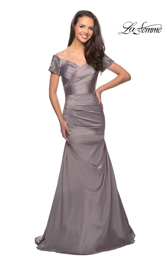 Picture of: Satin Off the Shoulder Dress with Beaded Sleeves, Style: 25996, Detail Picture 7