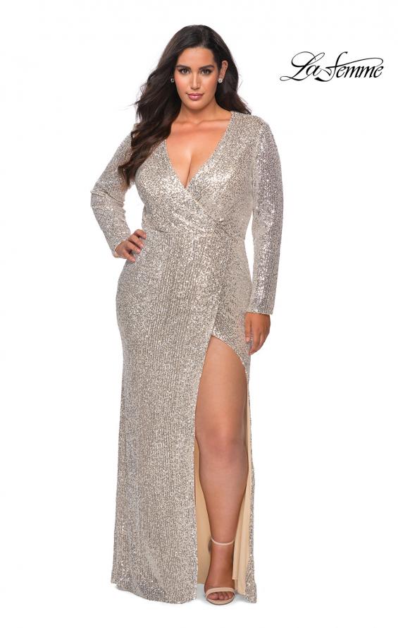 Picture of: Long Sleeve Sequin Plus Size Prom Dress with Slit in Silver, Style: 28880, Main Picture