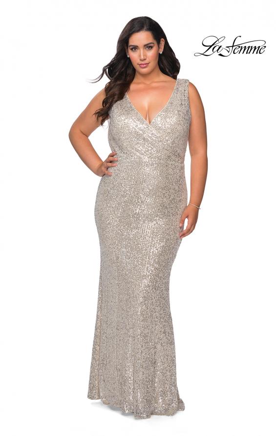 Picture of: Long Sequin Plus Size Prom Gown with V-Neck in Silver, Style: 28770, Detail Picture 3