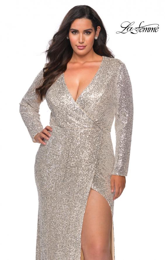 Picture of: Long Sleeve Sequin Plus Size Prom Dress with Slit in Silver, Style: 28880, Detail Picture 4