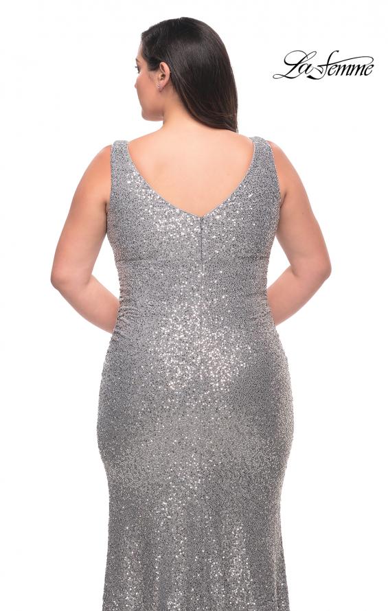 Picture of: Stretch Sequin Plus Size Gown with Slit and V Neck in Silver, Style: 30307, Detail Picture 5