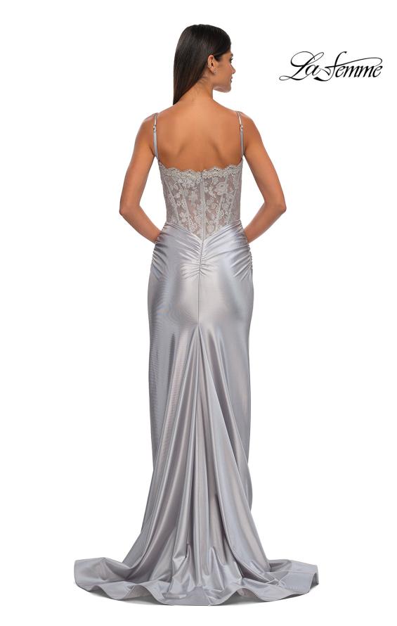 Picture of: Ruched Satin Evening Dress with Sheer Lace Top and Scallop Neckline in Silver, Style: 32689, Detail Picture 8