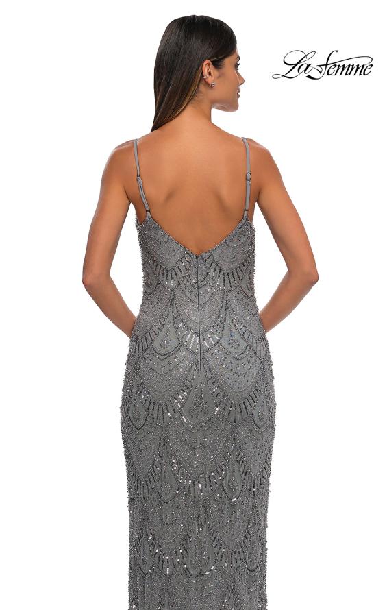 Picture of: Beautifully Beaded Long Evening Dress with V Neckline in Silver, Style: 32928, Detail Picture 15