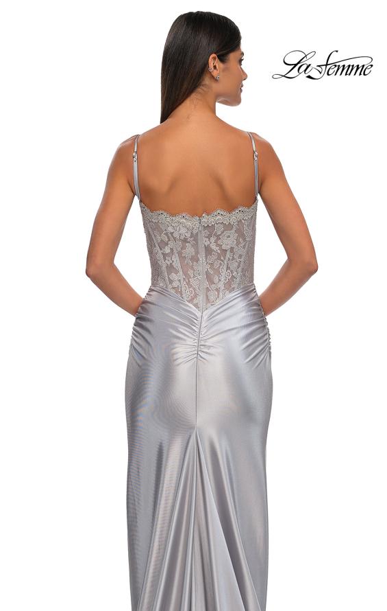 Picture of: Ruched Satin Evening Dress with Sheer Lace Top and Scallop Neckline in Silver, Style: 32689, Detail Picture 18