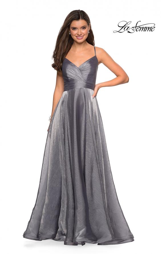 Picture of: Long Metallic Chiffon Dress with Ruching and V Back in Silver, Style: 27616, Detail Picture 3