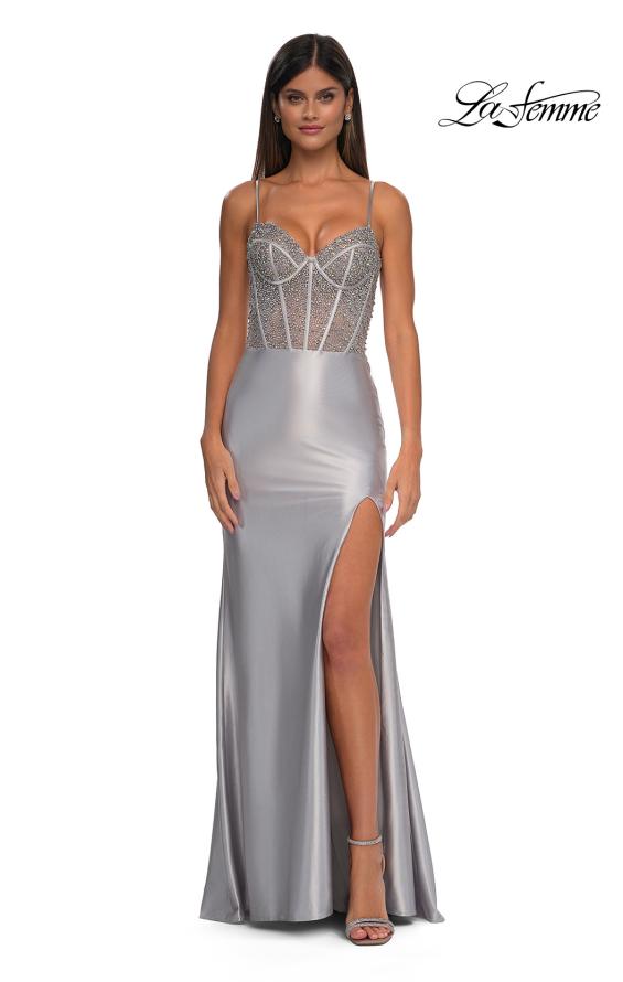 Picture of: Rhinestone Corset Prom Dress with Stretch Satin Skirt in Silver , Style: 32691, Detail Picture 4