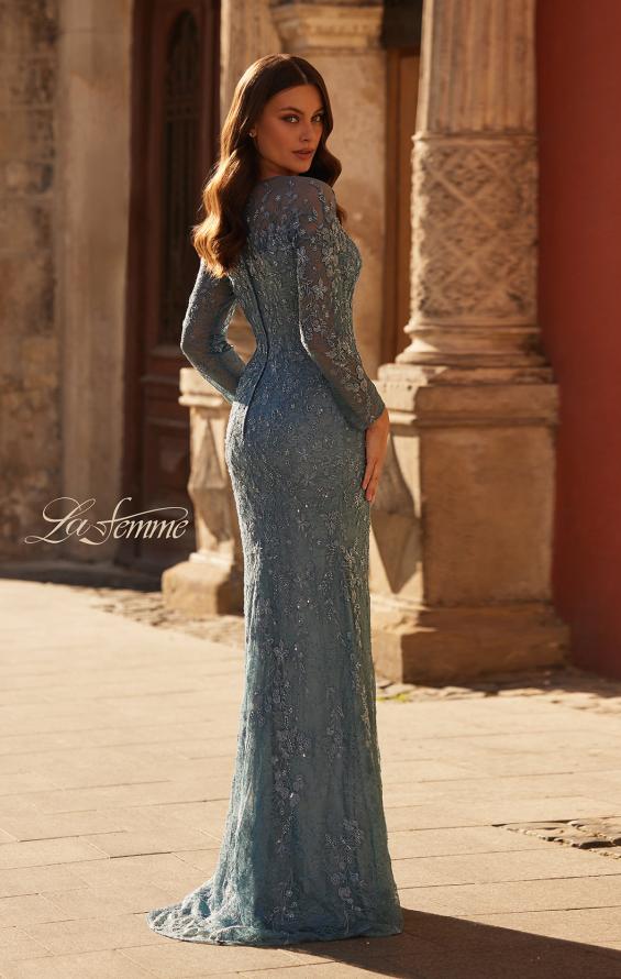 Picture of: Gorgeous Lace Fitted Gown with Illusion Long Sleeves in Slate Blue, Style: 32611, Back Picture