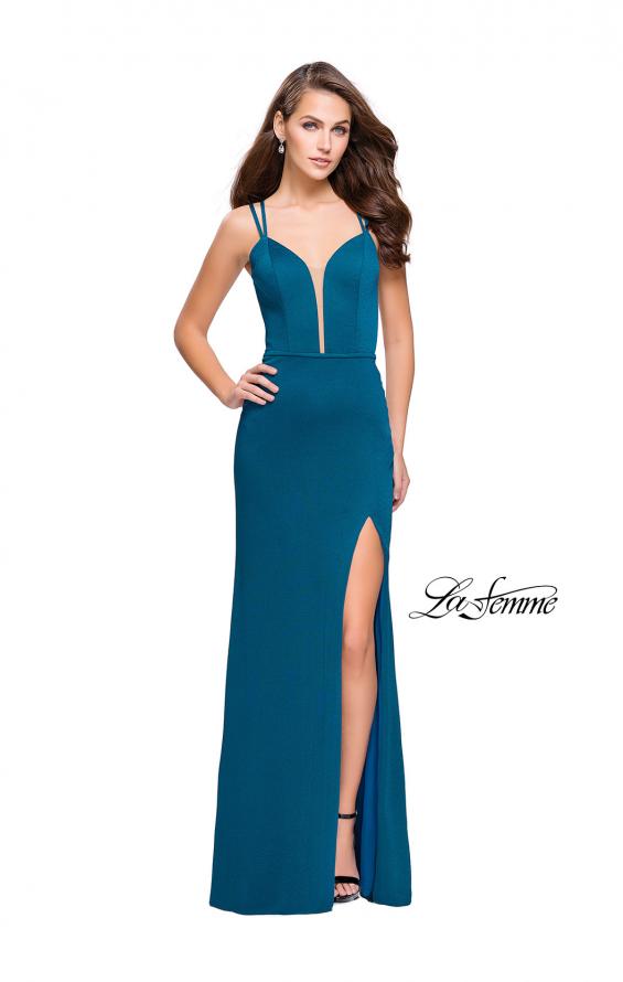 Picture of: Open Strappy Back Long Prom Dress with Deep V in Teal, Style: 26023, Main Picture