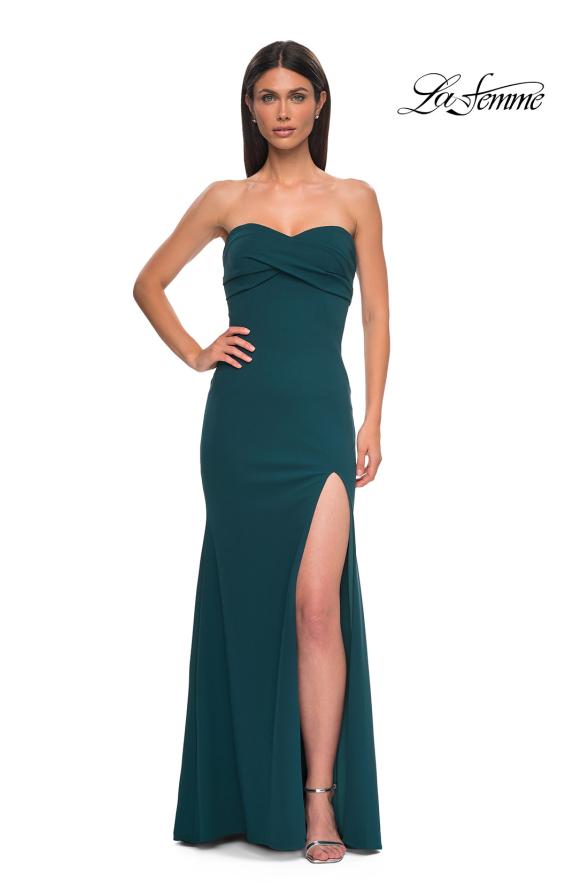 Picture of: Simple Strapless Jersey Dress with Criss Cross Bodice in Teal , Style 32863, Detail Picture 11