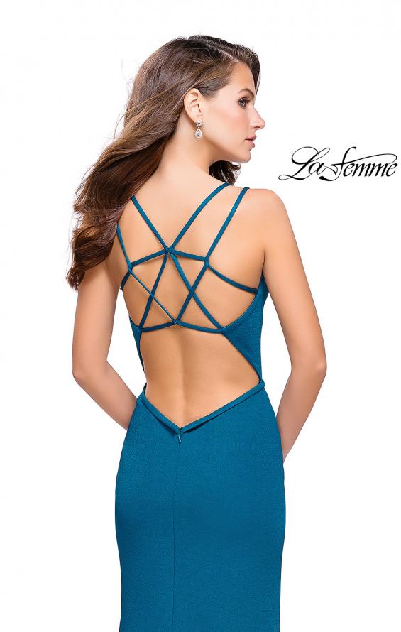 Picture of: Open Strappy Back Long Prom Dress with Deep V in Teal, Style: 26023, Back Picture
