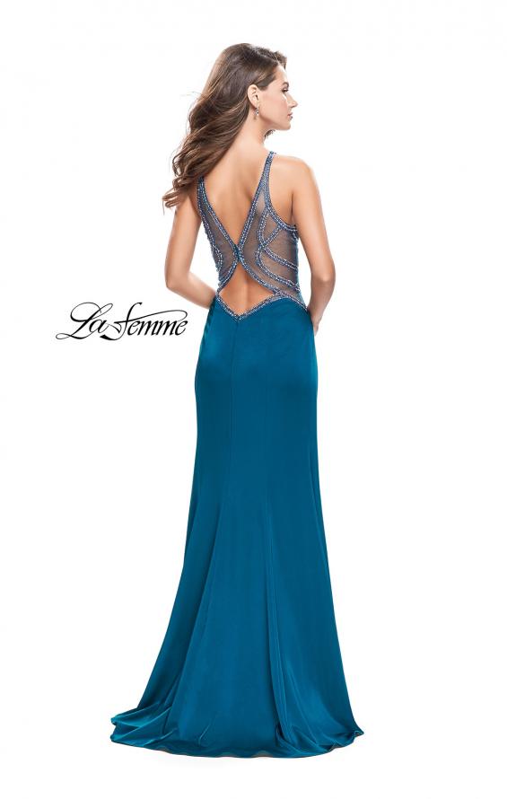 Picture of: Sheer Beaded Prom Dress with High Neck and Cut Outs in Teal, Style: 26060, Back Picture
