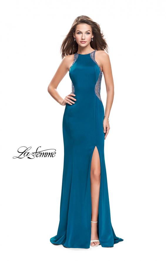 Picture of: Sheer Beaded Prom Dress with High Neck and Cut Outs in Teal, Style: 26060, Detail Picture 1