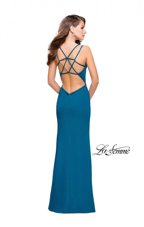 Picture of: Open Strappy Back Long Prom Dress with Deep V in Teal, Style: 26023, Detail Picture 3