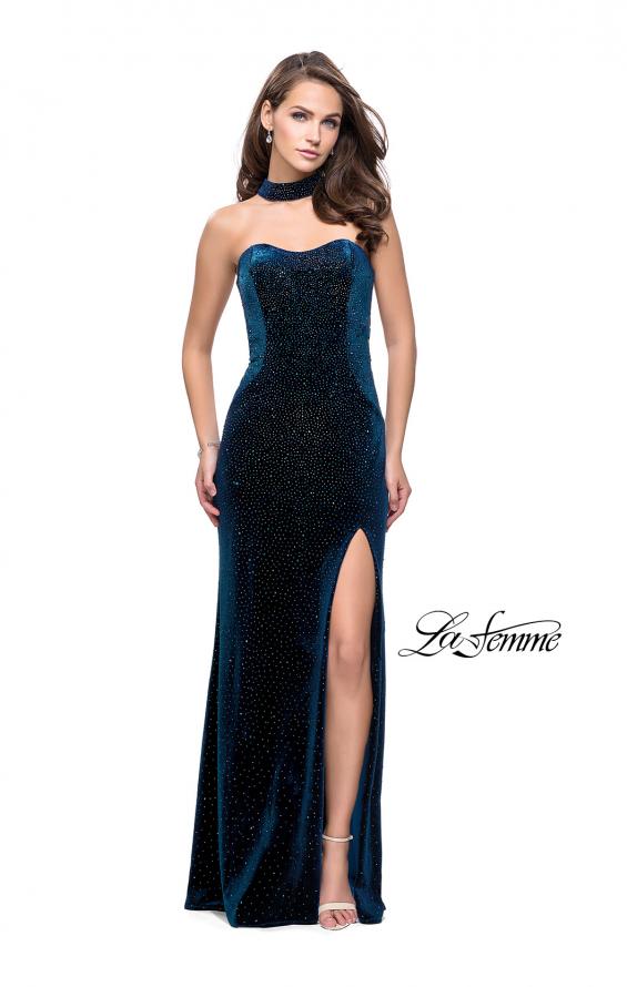 Picture of: Long Strapless Velvet Prom Gown with Cascading Beads in Teal, Style: 26239, Detail Picture 2