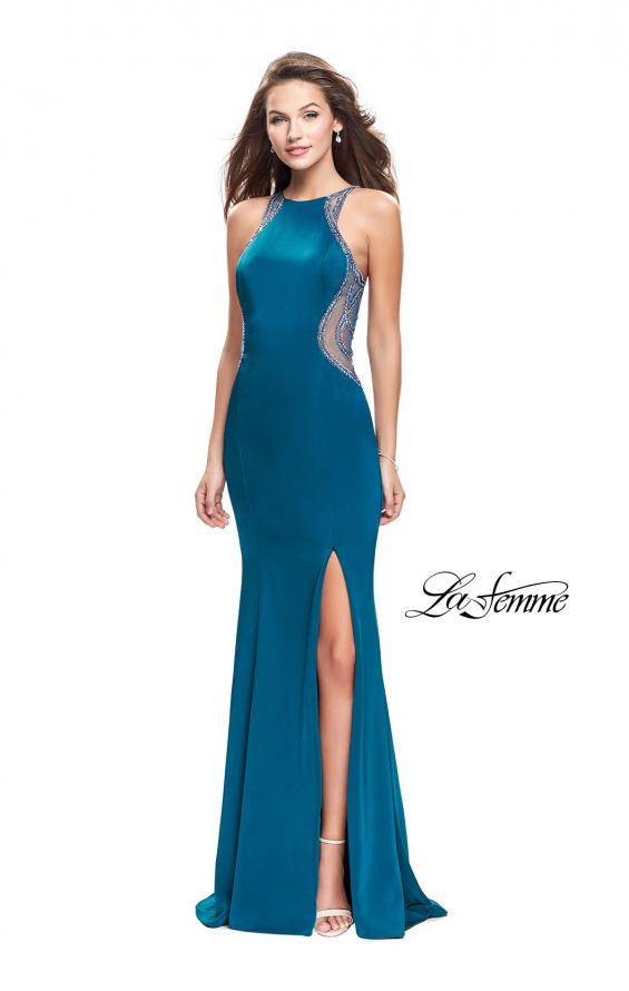 Picture of: Sheer Beaded Prom Dress with High Neck and Cut Outs in Teal, Style: 26060, Detail Picture 5