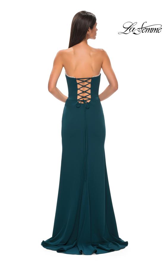 Picture of: Jersey Strapless Dress with Sweetheart Rhinestone Lined Neckline in Teal , Style 32829, Detail Picture 6