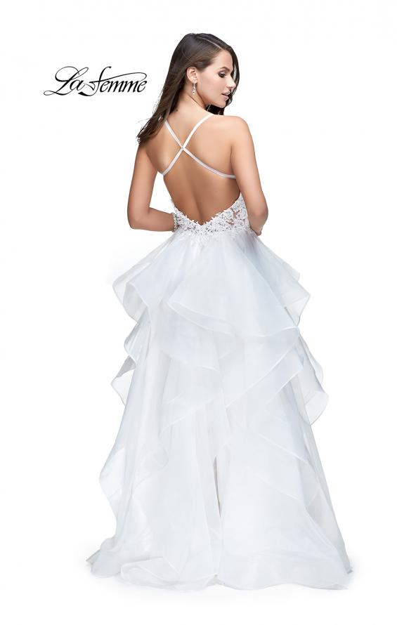 Picture of: Long Tulle Ball Gown with Ruffle Skirt and Lace Bodice in White, Style: 25928, Back Picture