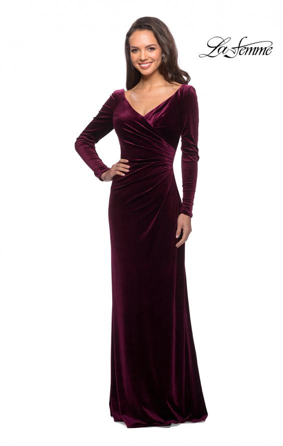 Picture of: Elegant Long Sleeve Velvet Dress with Ruching in Wine, Style: 25207, Main Picture