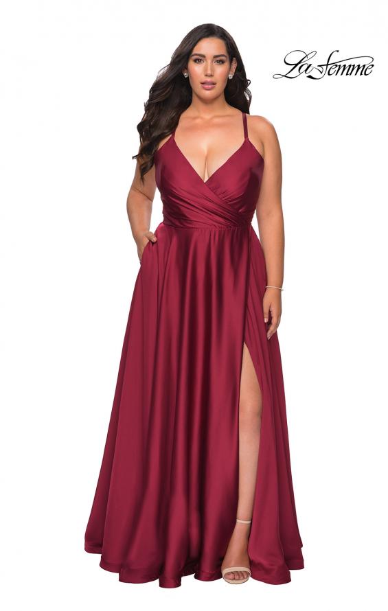 Picture of: Satin A-line Plus Dress with Lace Up Back and Pockets and Wine, Style: 29033, Back Picture